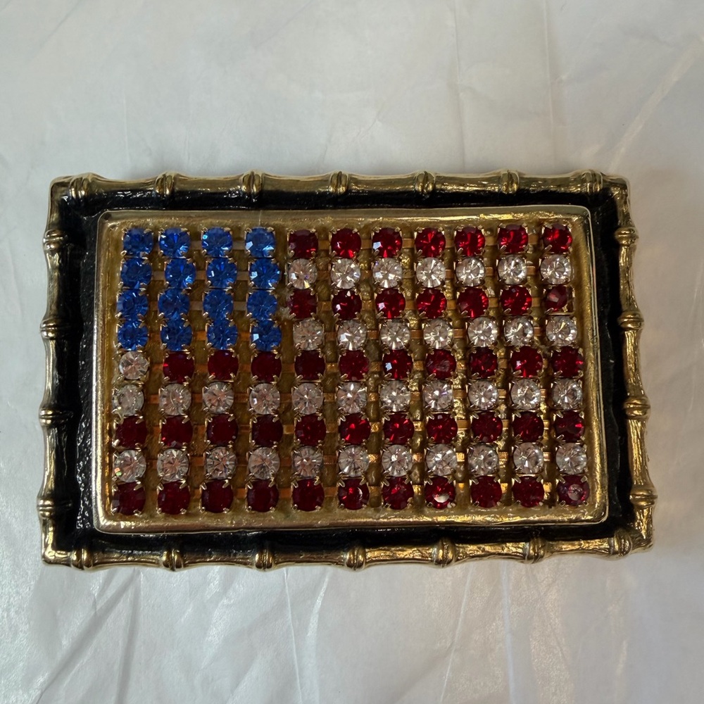Gold Tone American Flag Belt Buckle with Red, White, and Blue Crystals